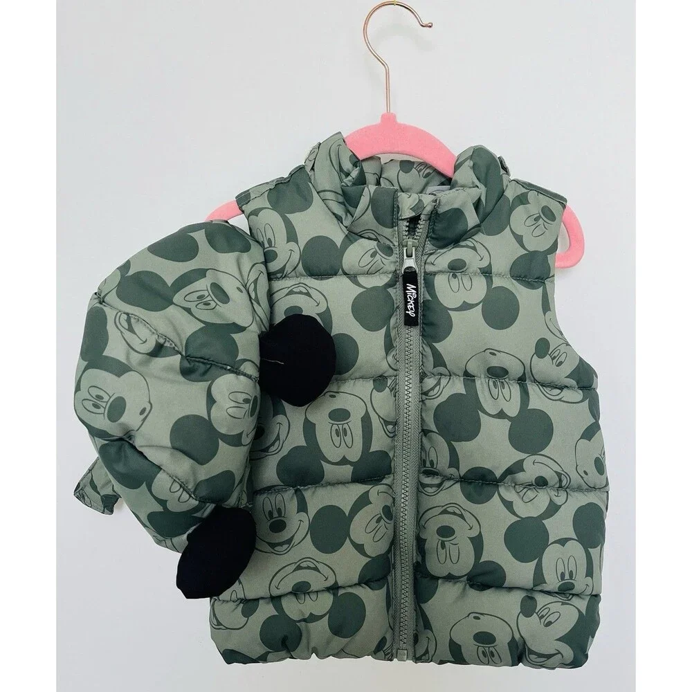 NWOT H&M Disney Mickey Mouse Hooded Puffer Vest Green Zip 3D Ears Toddler 2T